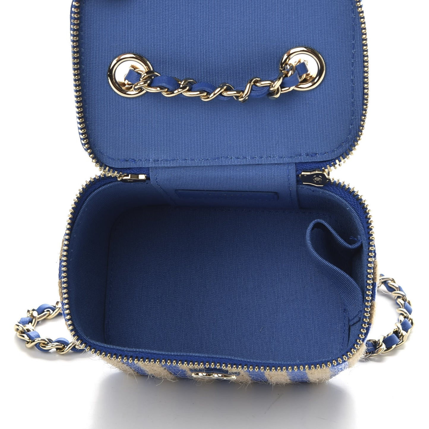 Raffia Jute Striped Mini Vanity Case With Chain Blue Beige