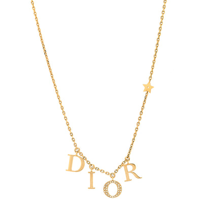 Christian Dior Metal Crystal Logo Necklace Gold 1 of 5