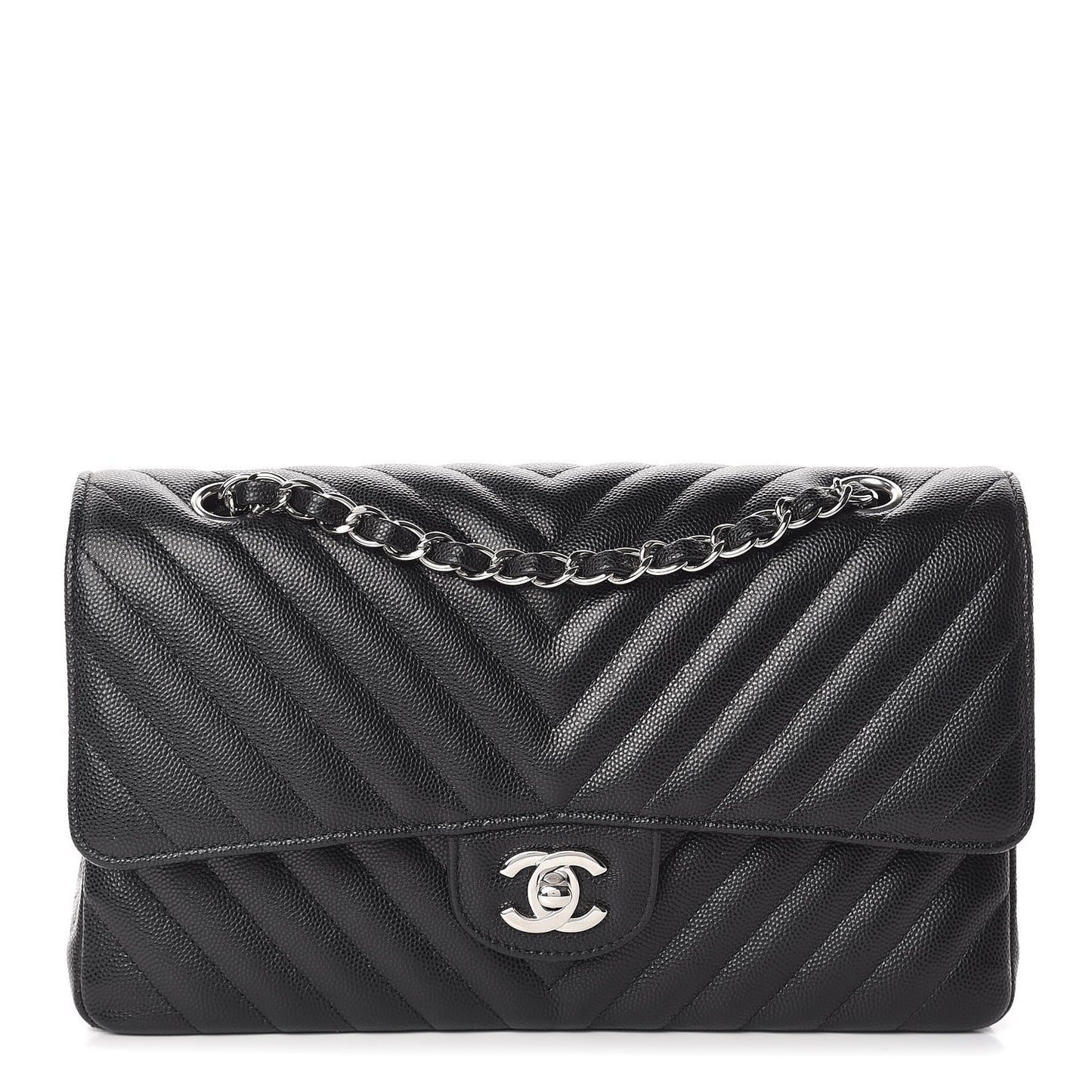 Caviar Chevron Quilted Medium Double Flap Black