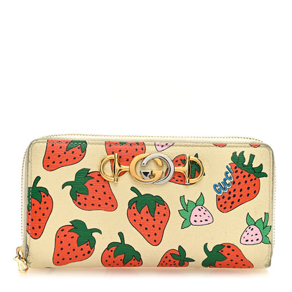 Gucci Grainy Calfskin Strawberry Zumi Zip Around Wallet Ivory Red 1 of 10