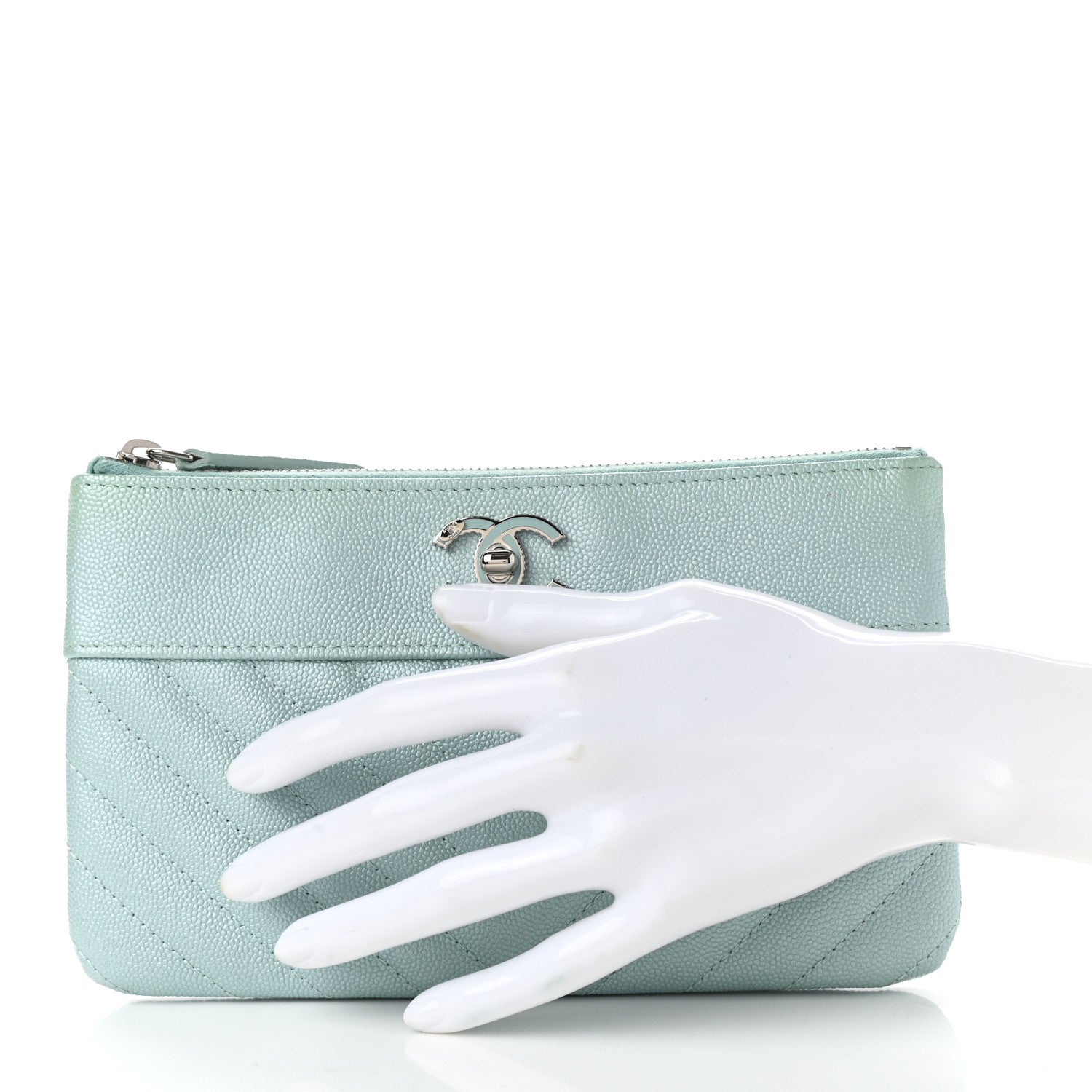 Chanel Metallic Caviar Chevron Quilted Mademoiselle Vintage Zip Pouch Light Blue 2 of 9