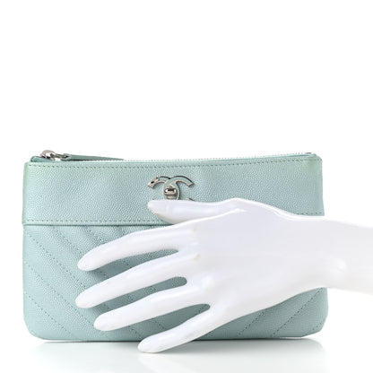 Chanel Metallic Caviar Chevron Quilted Mademoiselle Vintage Zip Pouch Light Blue 2 of 9