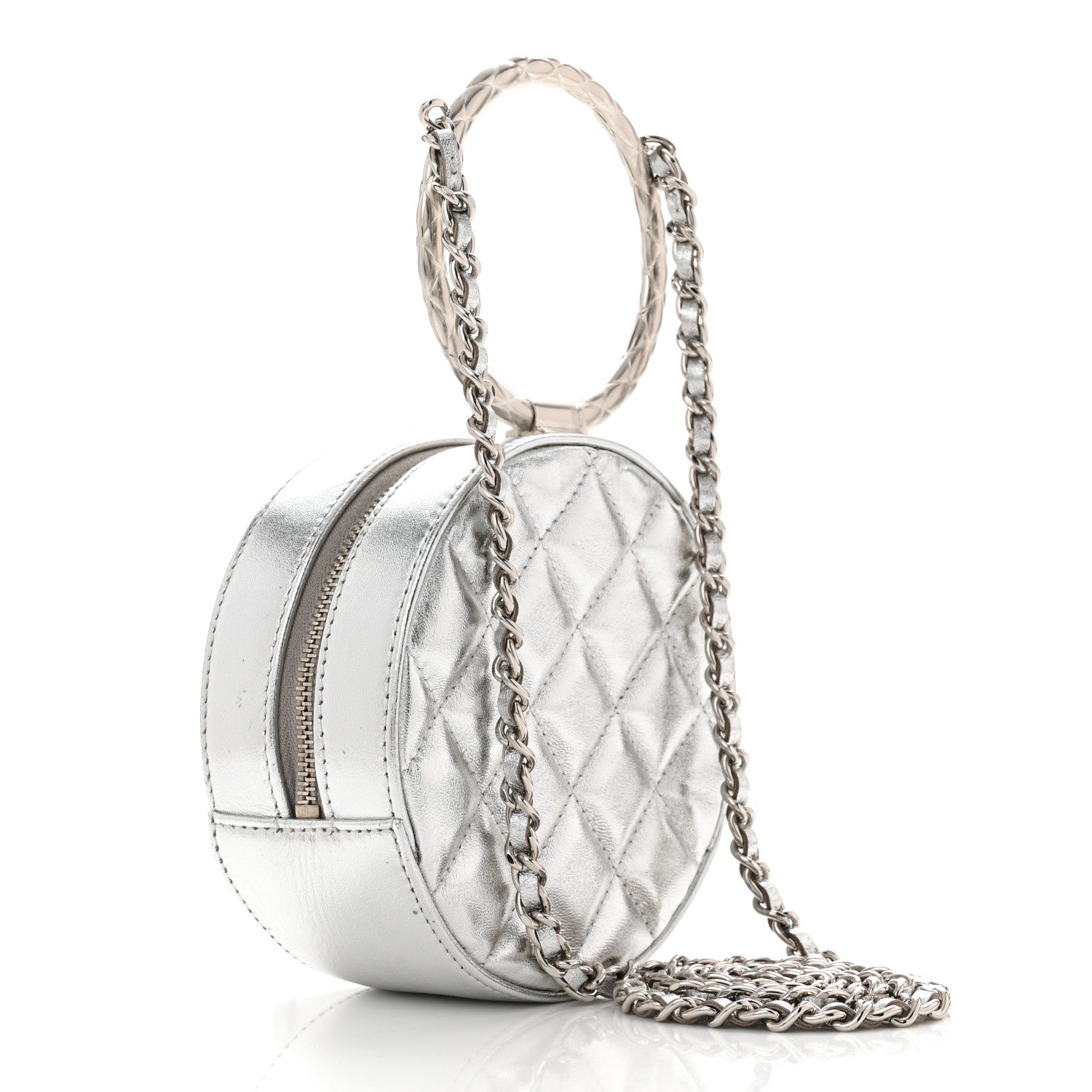 Chanel Metallic Calfskin Quilted Round Bracelet Clutch With Chain Silver 3 of 10