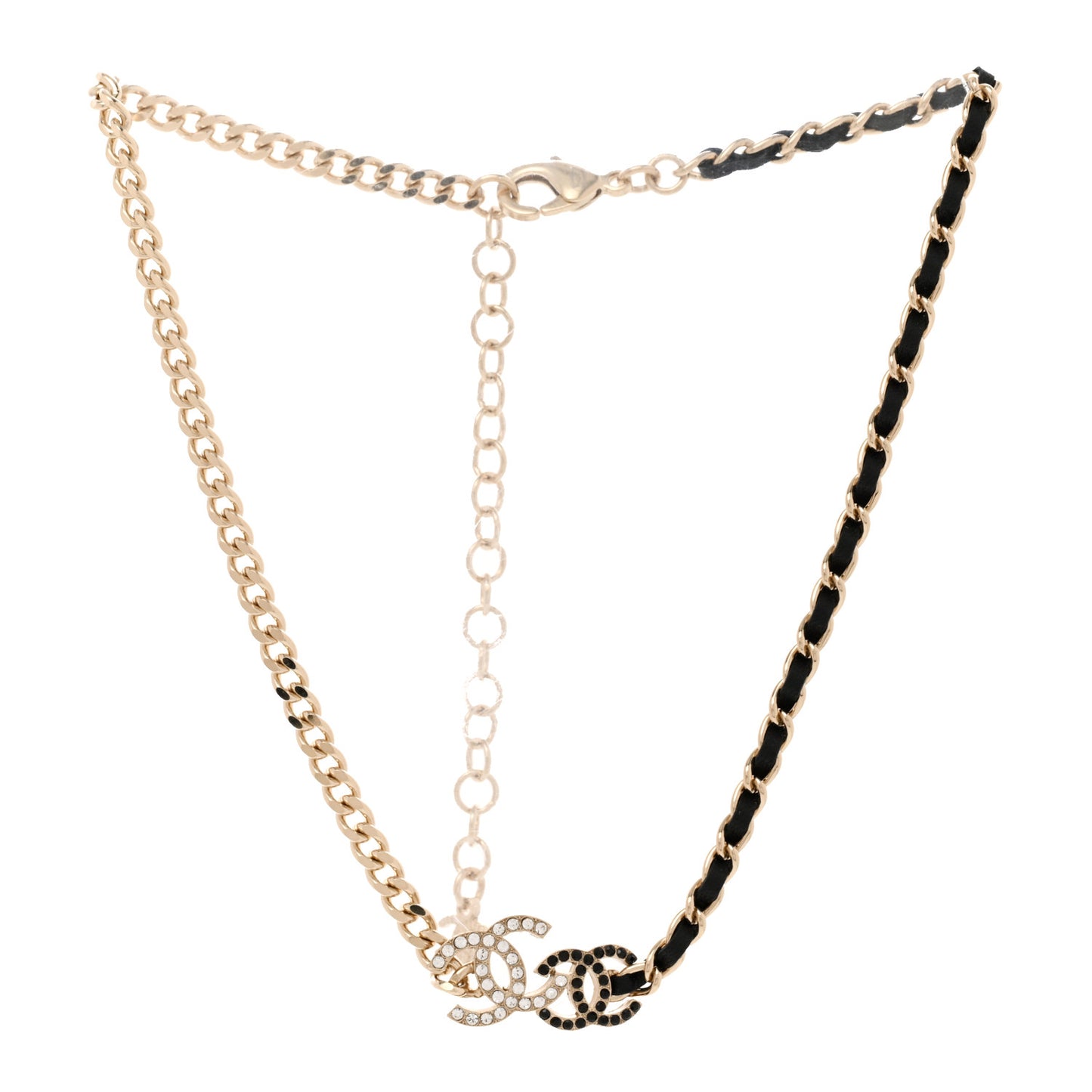 Metal Calfskin Crystal Double CC Short Necklace Black Gold