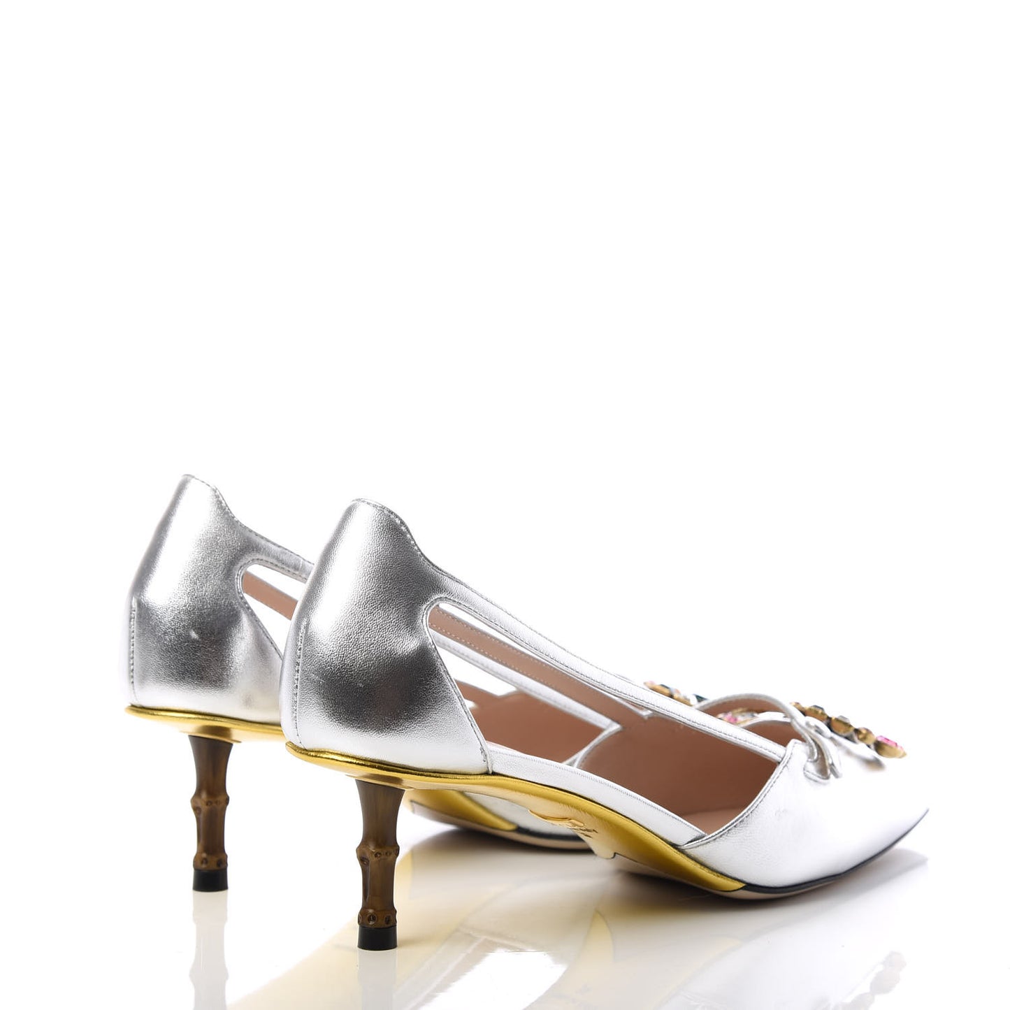 Metallic Nappa Bamboo Crystal Double G Low Heel Pumps 38 Argento