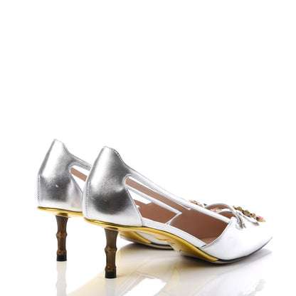 Gucci Metallic Nappa Bamboo Crystal Double G Low Heel Pumps 38 Argento 4 of 10