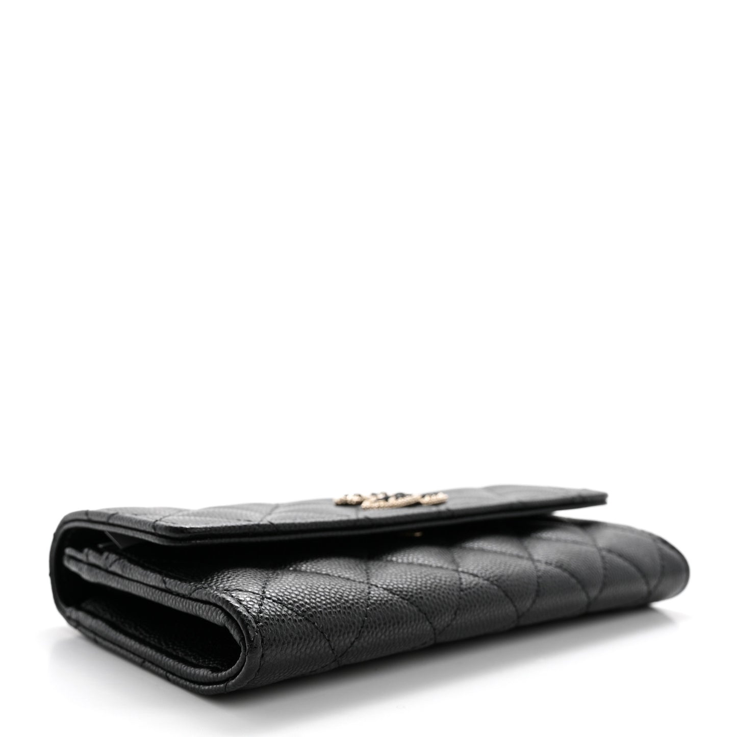 Caviar Quilted Crystal CC Large Gusset Flap Wallet Black