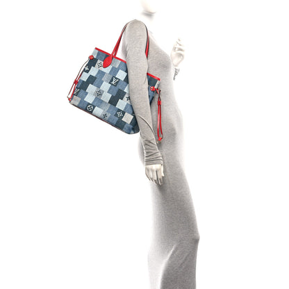 Louis Vuitton Denim Damier Monogram Patchwork Neverfull Blue Rouge 2 of 11
