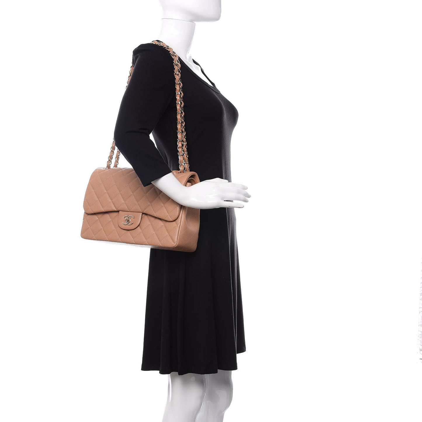 Caviar Quilted Jumbo Double Flap Beige