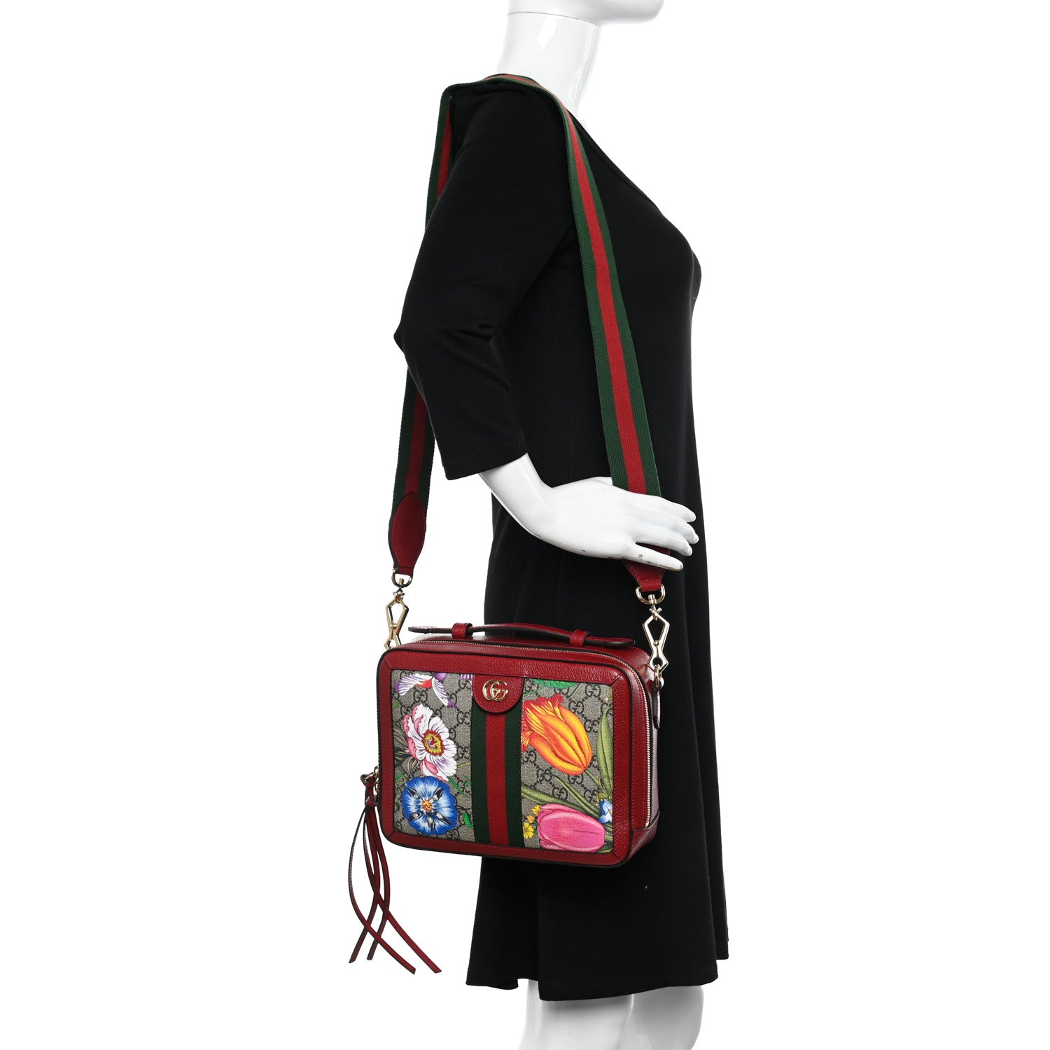Gucci GG Supreme Monogram Flora Web Small Ophidia Top Handle Shoulder Bag Hibiscus Red 2 of 11