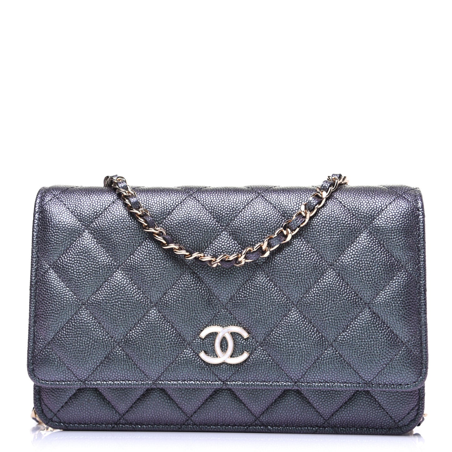 Iridescent Caviar Quilted Wallet On Chain WOC Black