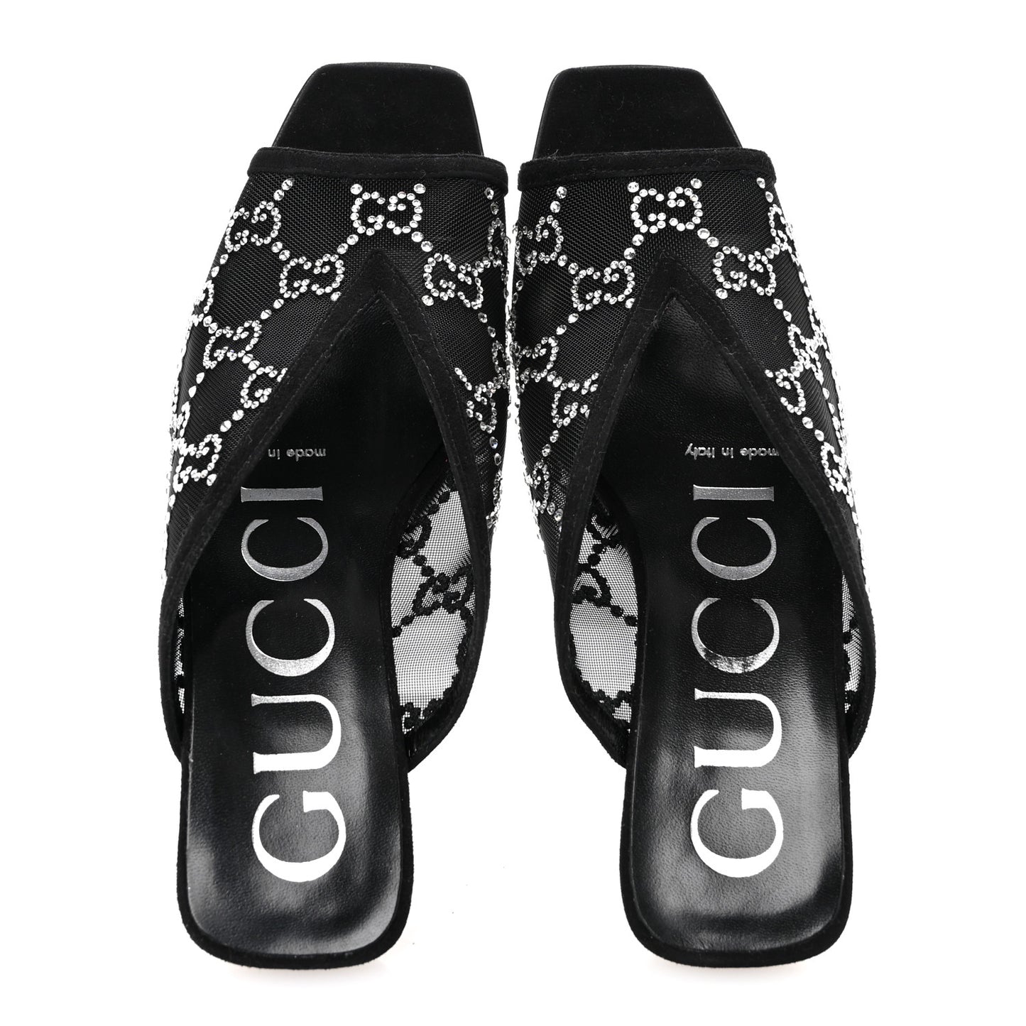 Tela Retino Kid Scamosciato Crystal GG Monogram Square G 95mm Slide Sandals 35 Black