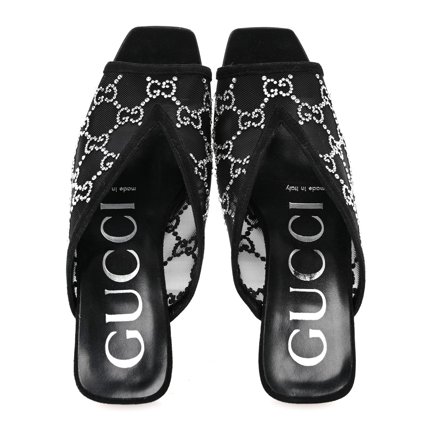 Gucci Tela Retino Kid Scamosciato Crystal GG Monogram Square G 95mm Slide Sandals 35 Black 2 of 8
