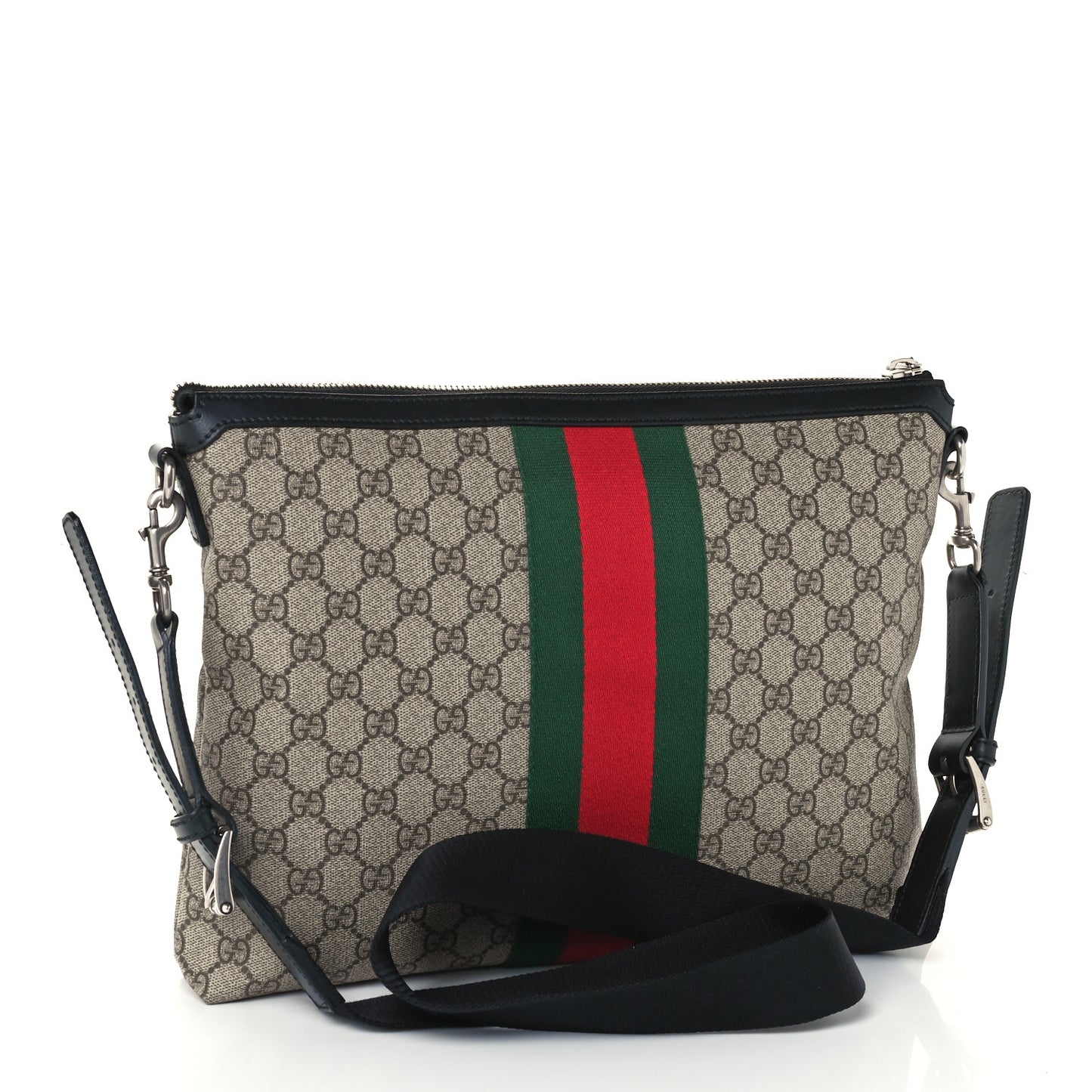 GG Supreme Monogram Calfskin Web Medium Flat Messenger Bag Beige Ebony Black