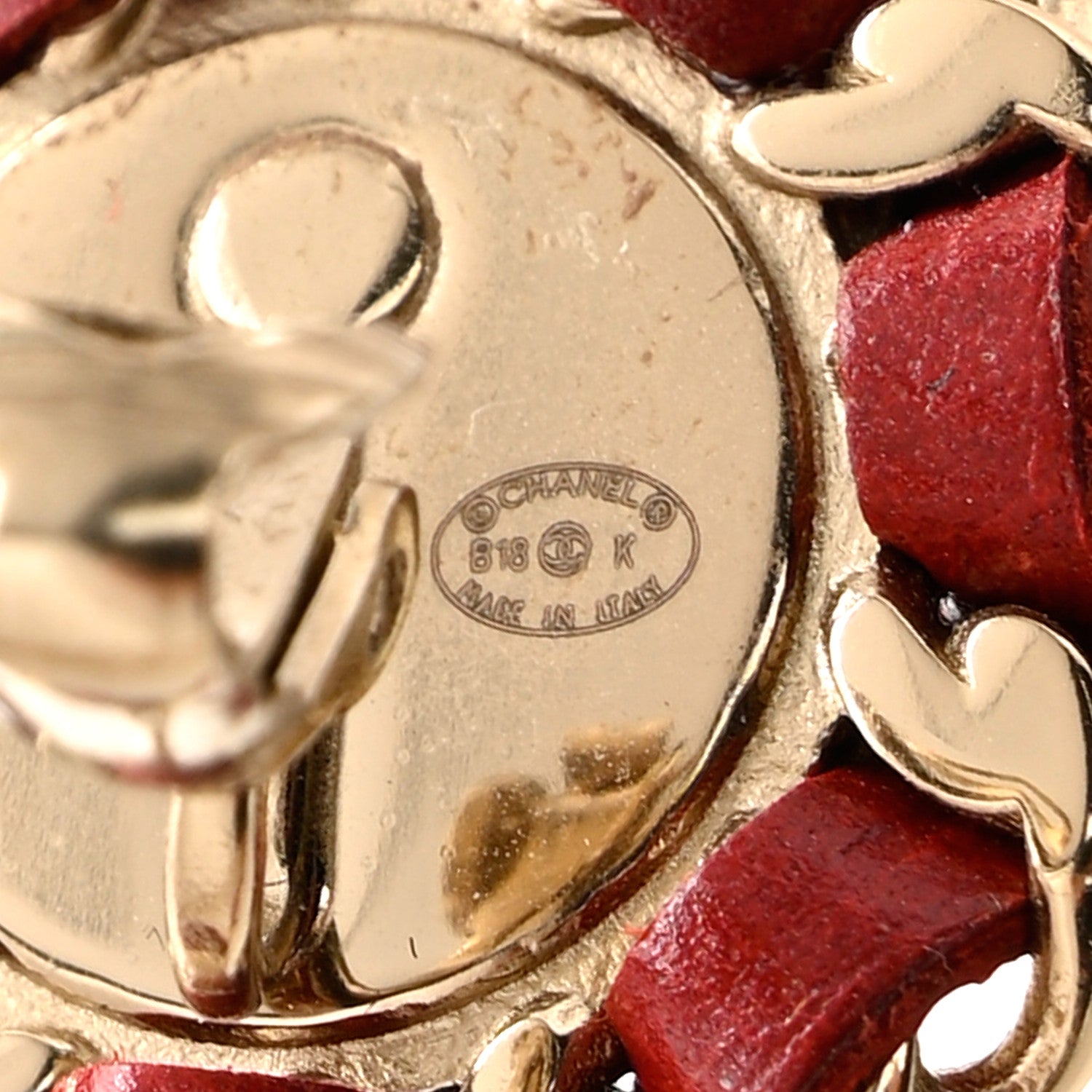 Chanel Pearl Lambskin Chain Logo Hoop Clip On Earrings Red Gold 4 of 4