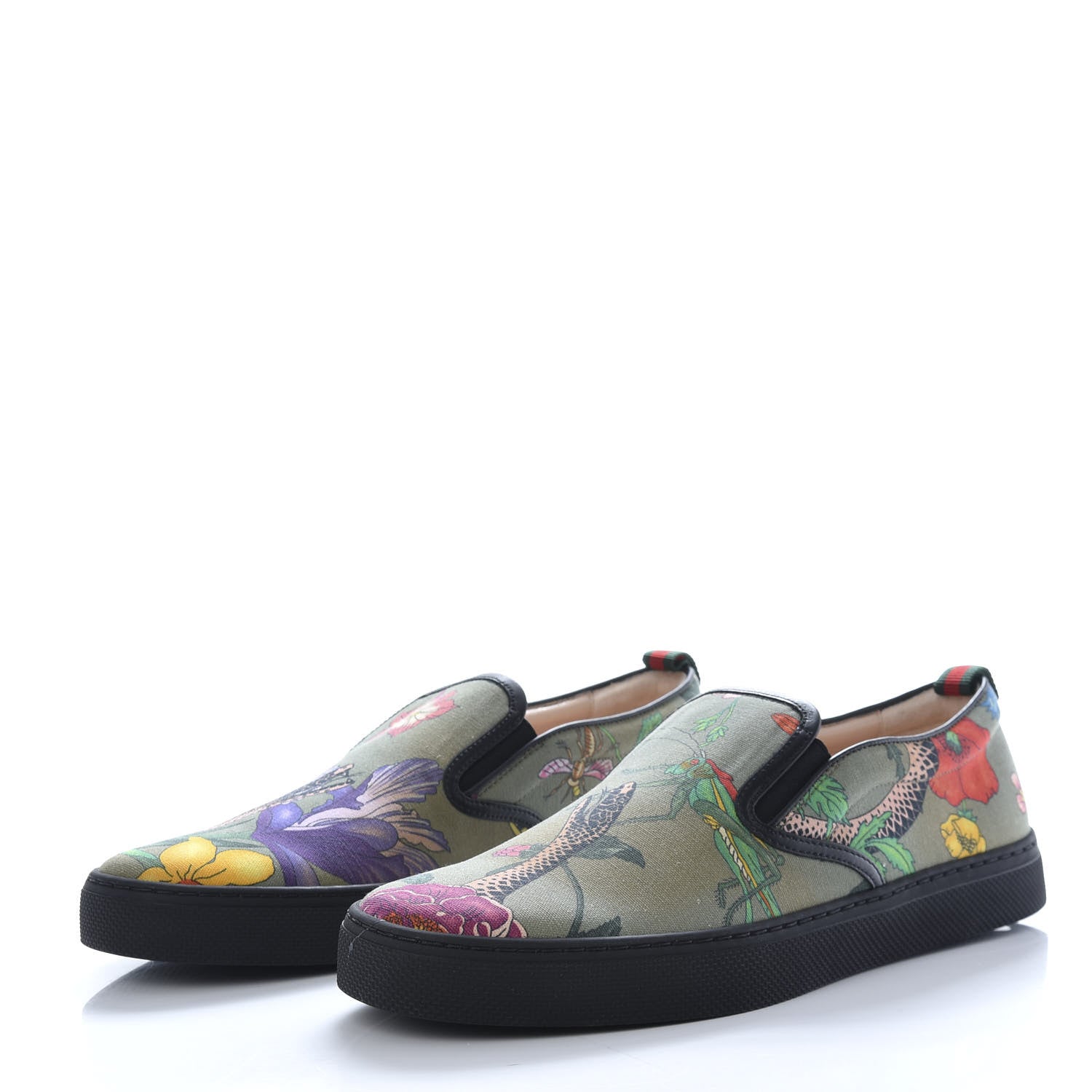 Gucci Canvas Miro Soft Calfskin Web Floral Snake Print Mens Dublin Slip On Sneakers 8 Militare Multicolor Black 3 of 11