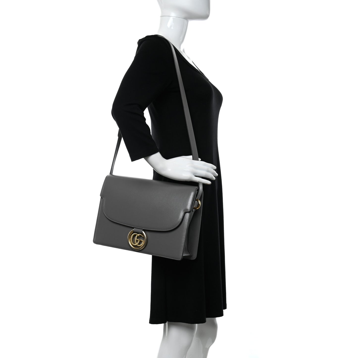 Textured Calfskin Medium Torchon GG Ring Shoulder Bag Grey