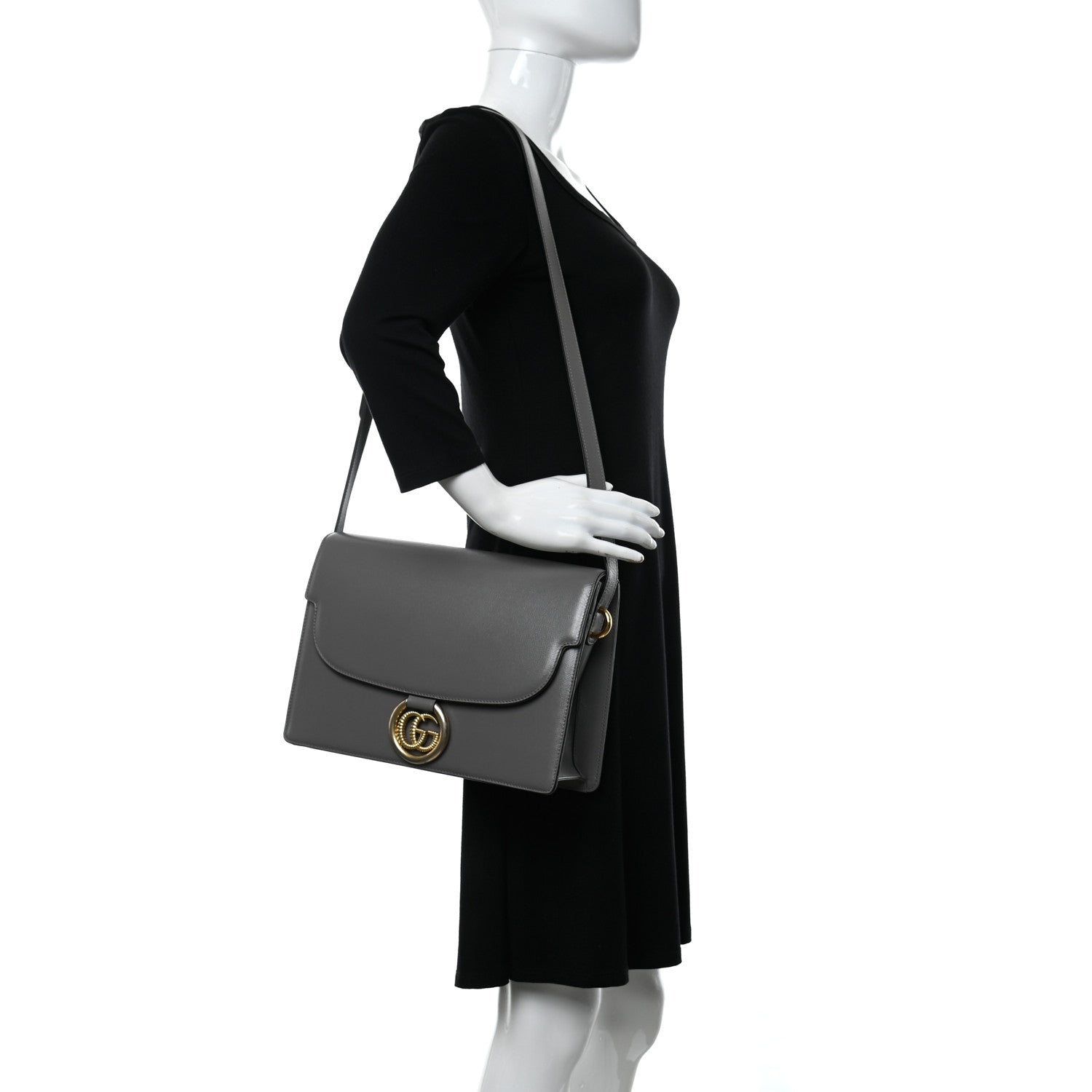 Gucci Textured Calfskin Medium Torchon GG Ring Shoulder Bag Grey 2 of 10