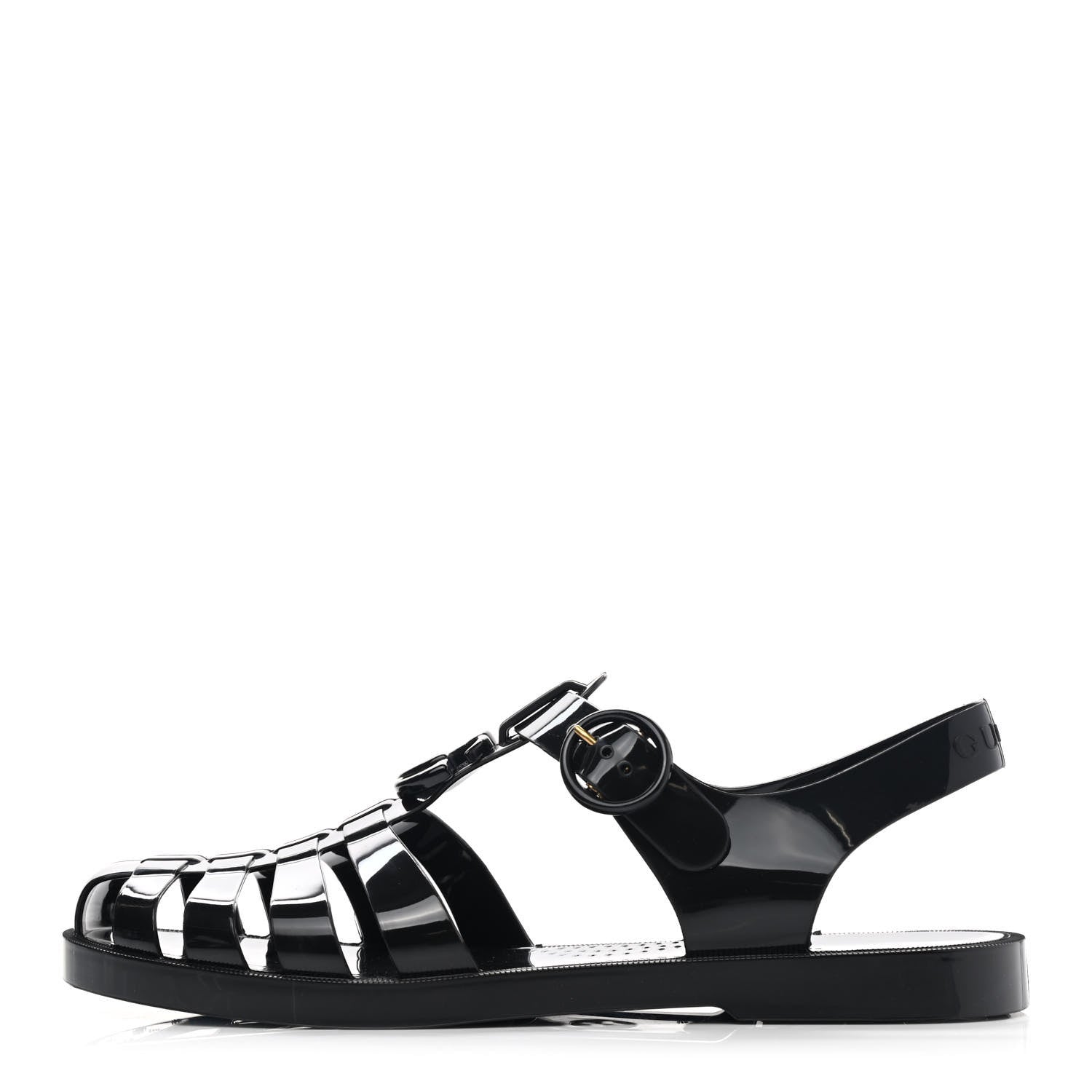 Gucci Shiny Rubber Double G Buckle Strap Sandals 40 Black 1 of 16