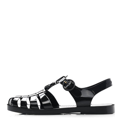 Gucci Shiny Rubber Double G Buckle Strap Sandals 40 Black 1 of 16