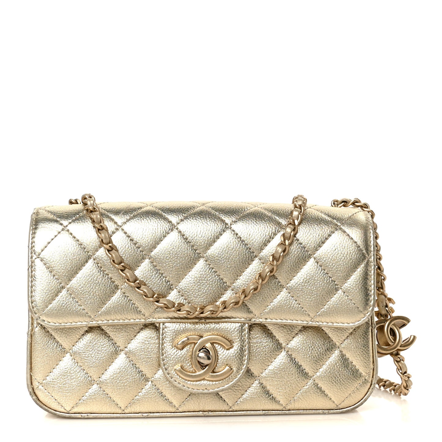 Metallic Caviar Quilted Mini Rectangular CC Slide Flap Light Gold