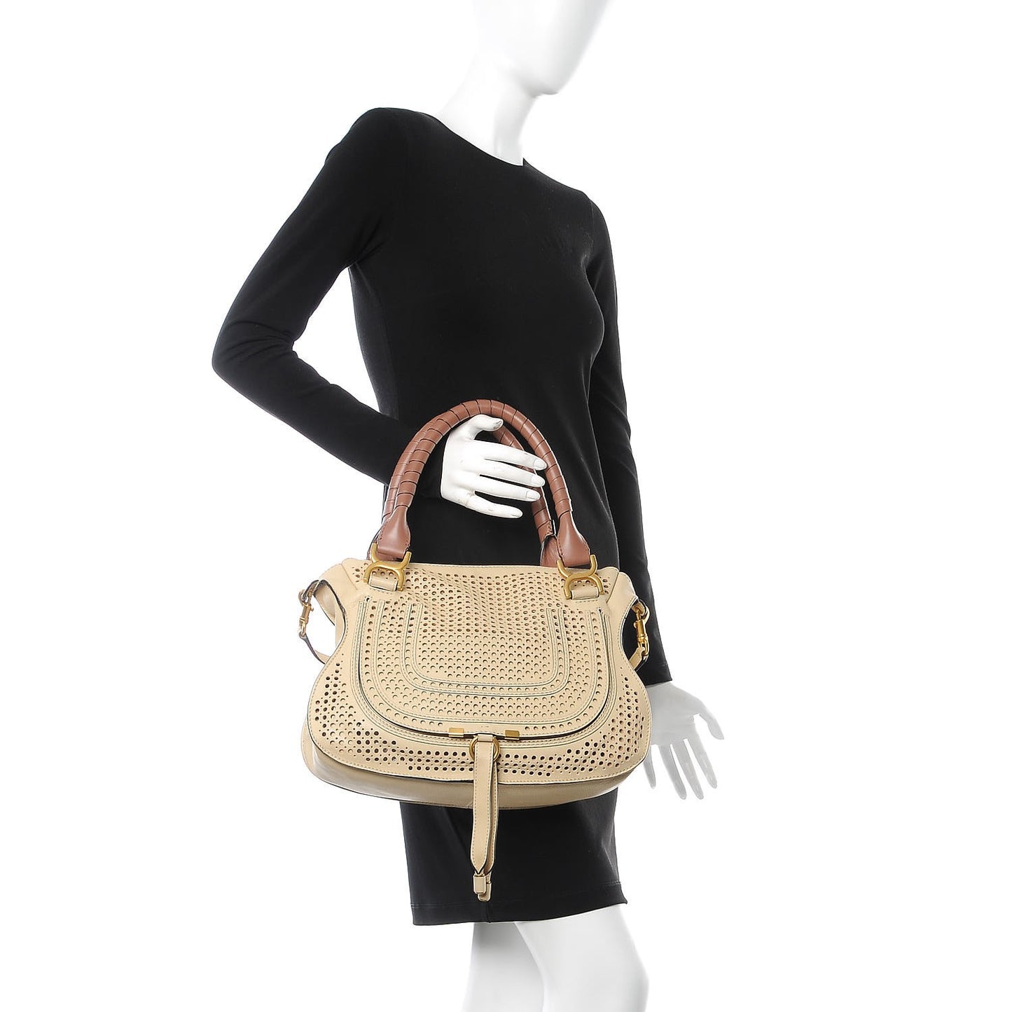 Calfskin Perforated Medium Marcie Satchel Beige