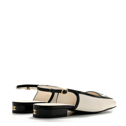 Chanel Lambskin Patent Calfskin CC Slingback Flats 37.5 White Black 5 of 10