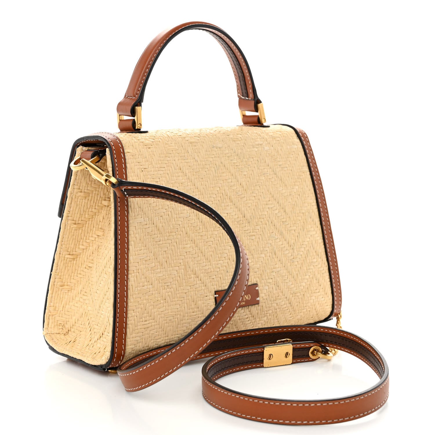 Valentino Garavani Raffia Calfskin Chevron Small VSling Top Handle Satchel Naturale Saddle Brown 3 of 9