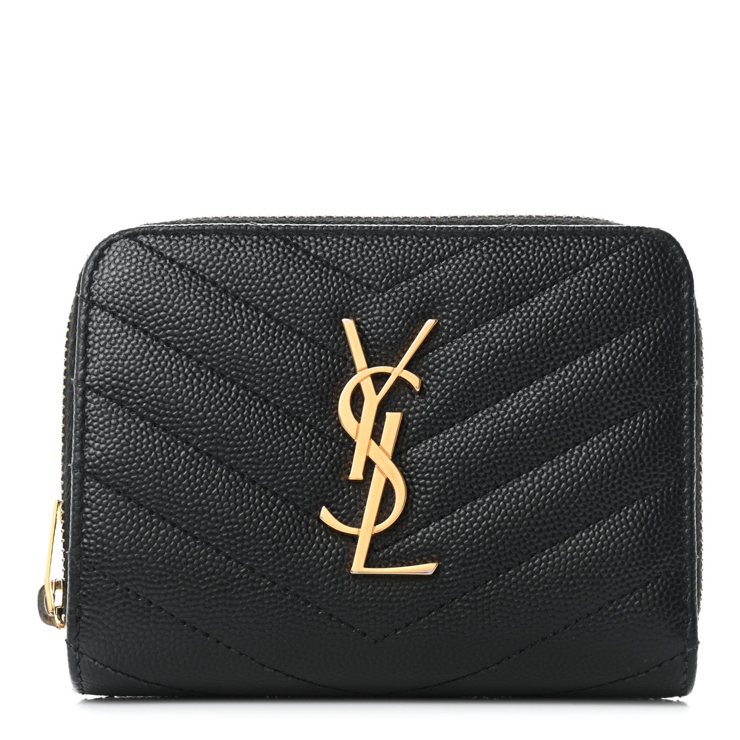 Saint Laurent Grain De Poudre Matelasse Chevron Monogram Compact Zip Around Wallet Black 1 of 11