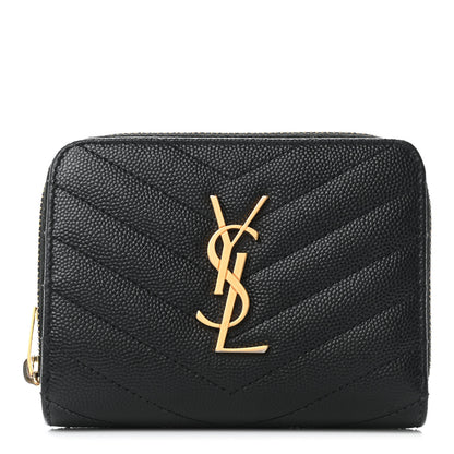 Saint Laurent Grain De Poudre Matelasse Chevron Monogram Compact Zip Around Wallet Black 1 of 11