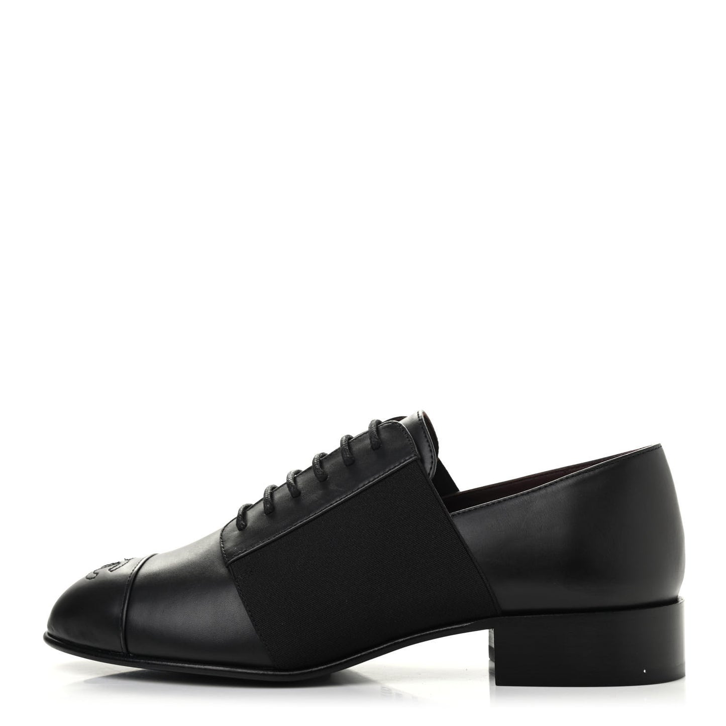 Calfskin Elastic Lace Up Cap Toe CC Loafers 36 Black