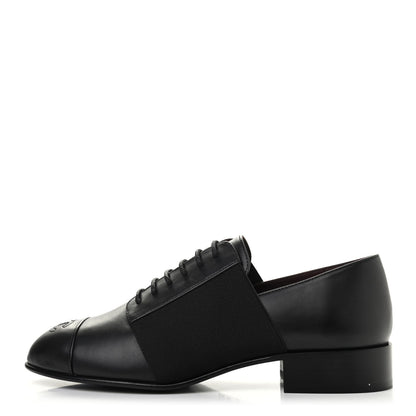 Chanel Calfskin Elastic Lace Up Cap Toe CC Loafers 36 Black 1 of 8