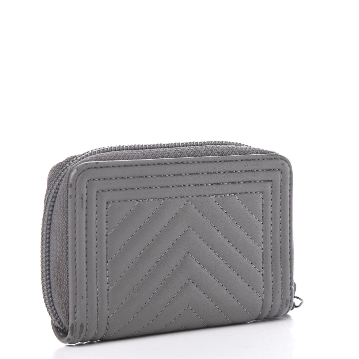 Calfskin Chevron Quilted Boy Zip Around Coin Purse Wallet Grey