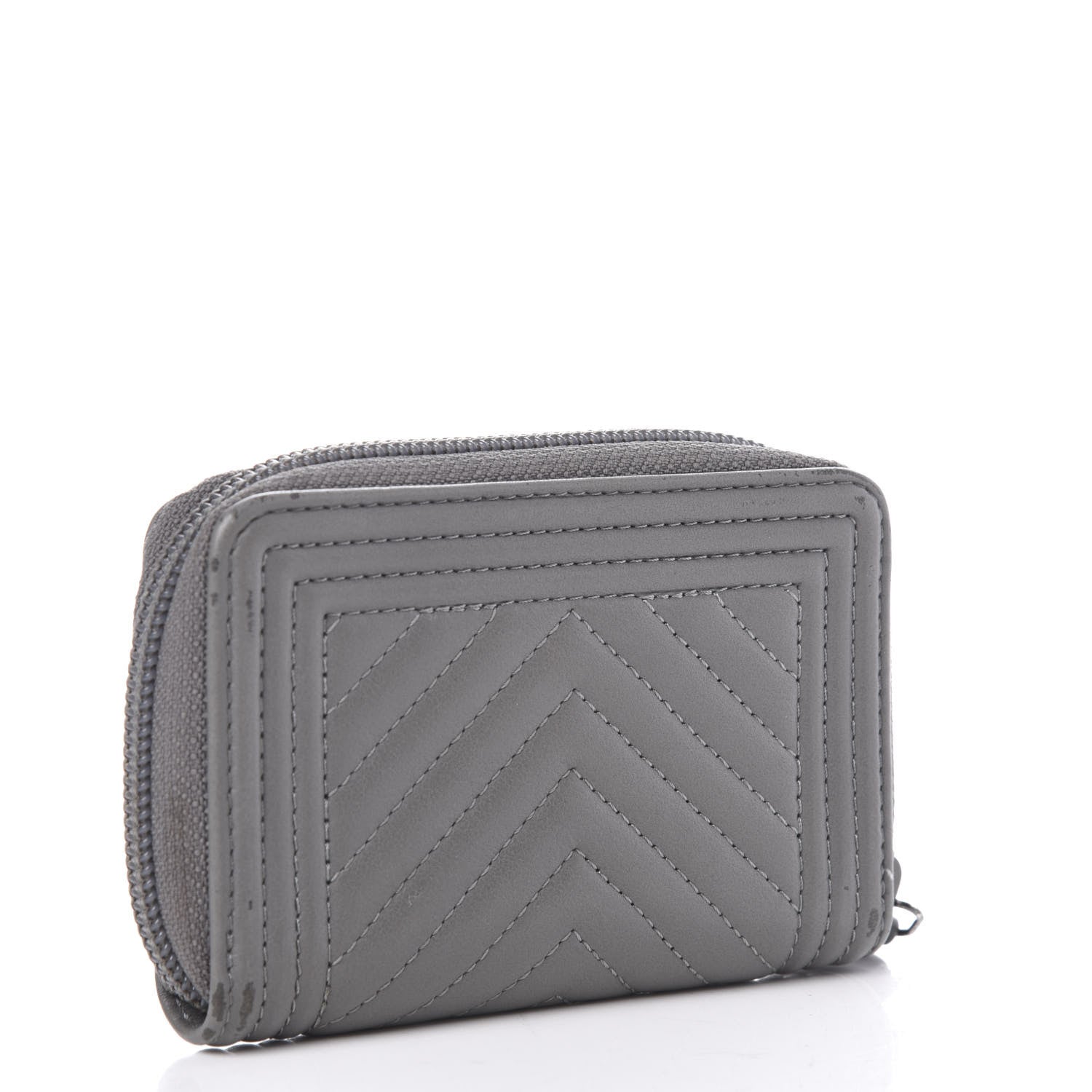 Chanel Calfskin Chevron Quilted Boy Zip Around Coin Purse Wallet Grey 3 of 8