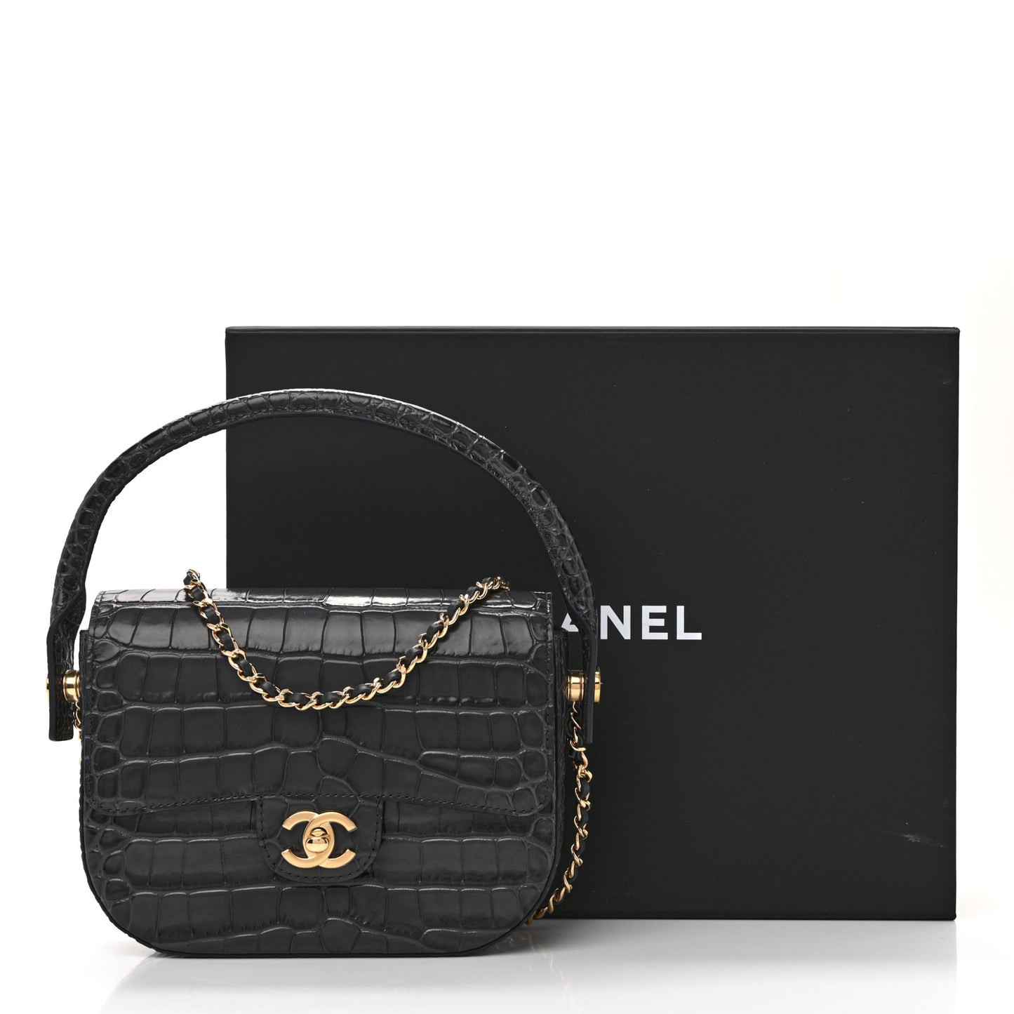 Calfskin Crocodile Embossed Turn Around Mini Flap Dark Grey