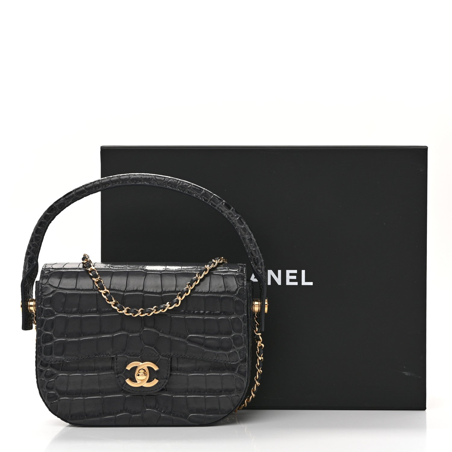 Chanel Calfskin Crocodile Embossed Turn Around Mini Flap Dark Grey 11 of 11