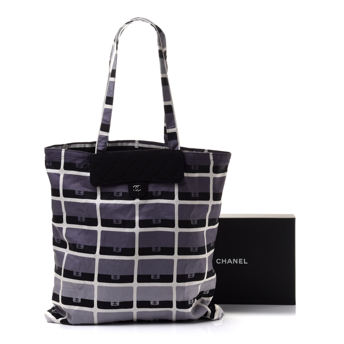 Jersey Fabric Quilted Foldable Tote With Chain Black Multicolor