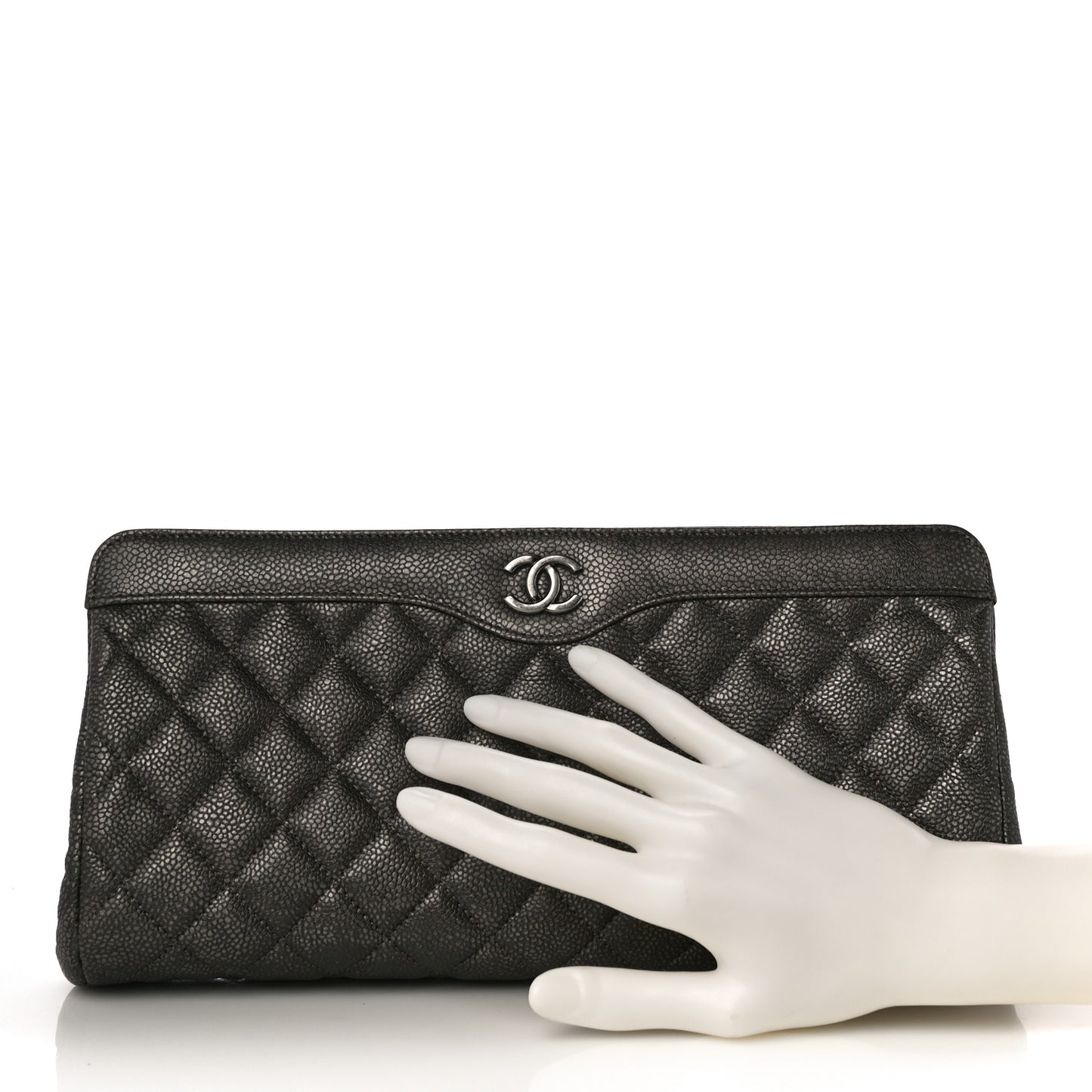 Metallic Caviar Quilted Clutch Dark Silver