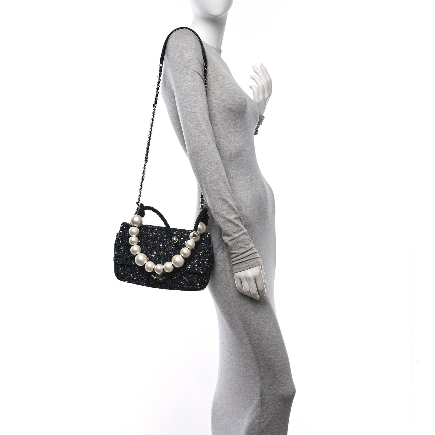 Tweed Medium Pearl Handle Flap Black Ecru