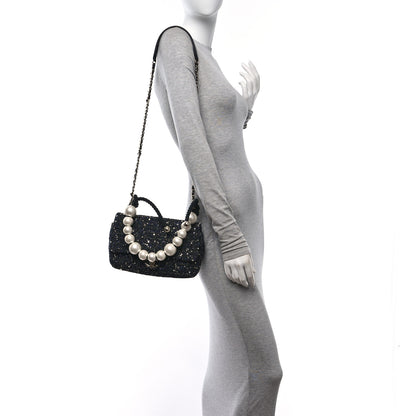 Chanel Tweed Medium Pearl Handle Flap Black Ecru 3 of 10
