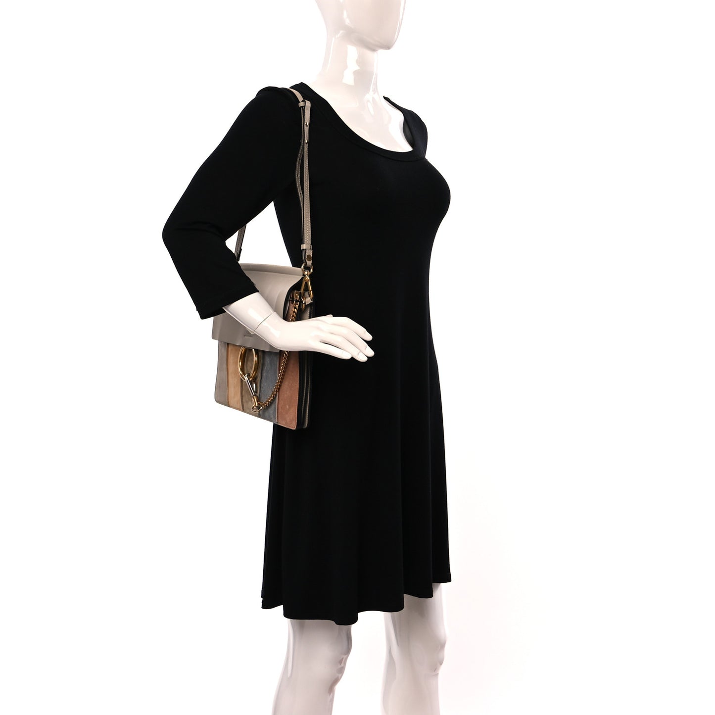 Suede Calfskin Striped Patchwork Medium Faye Shoulder Bag Grey Multicolor