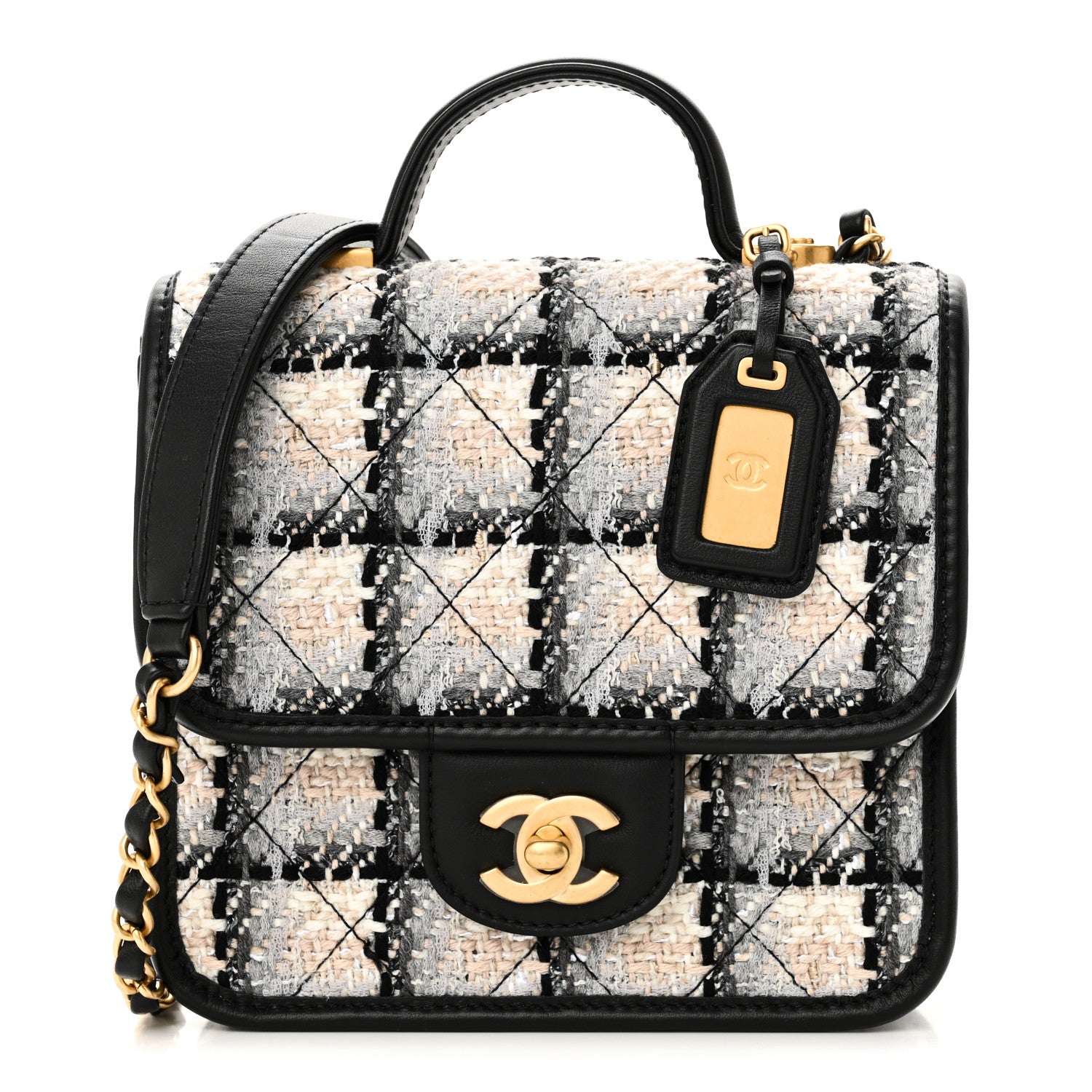 Chanel Tweed Calfskin School Memory Mini Top Handle Flap Ecru Grey Beige Black 1 of 11