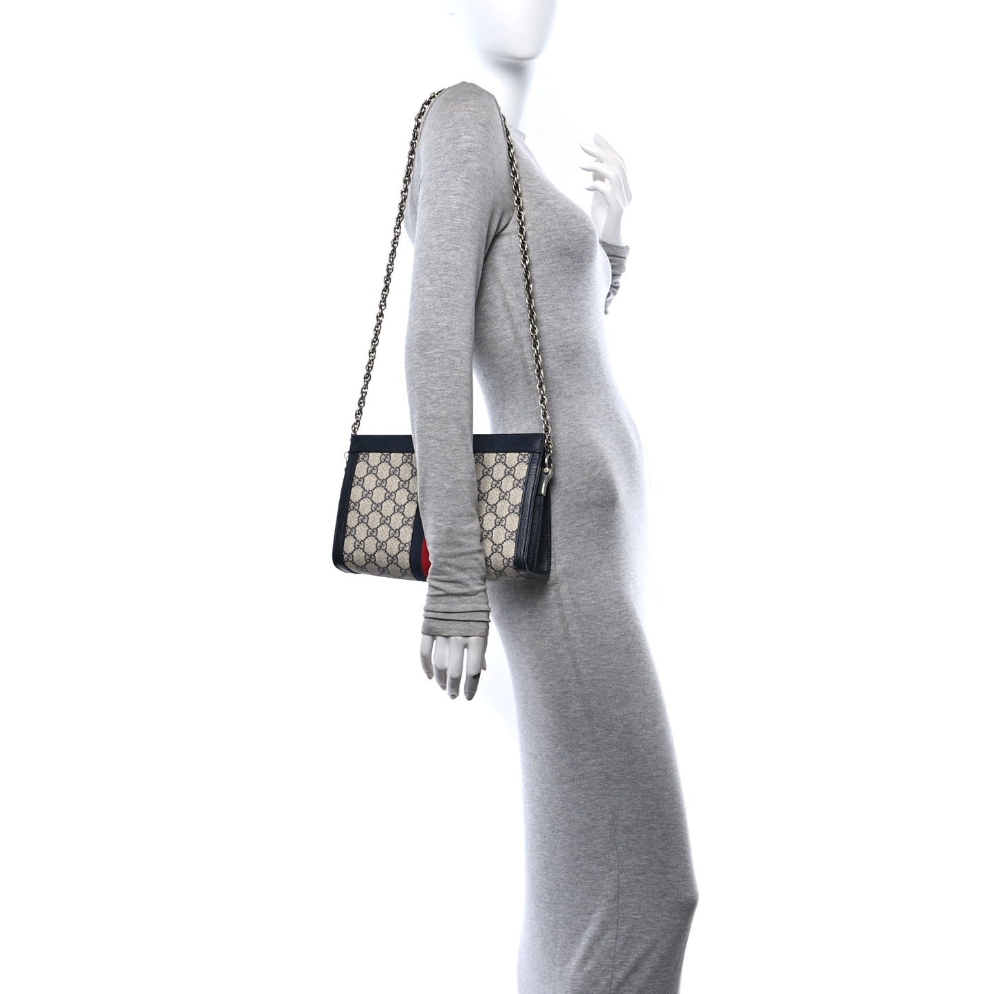 GG Supreme Monogram Textured Dollar Calfskin Web Small Ophidia Chain Shoulder Bag Beige Blue