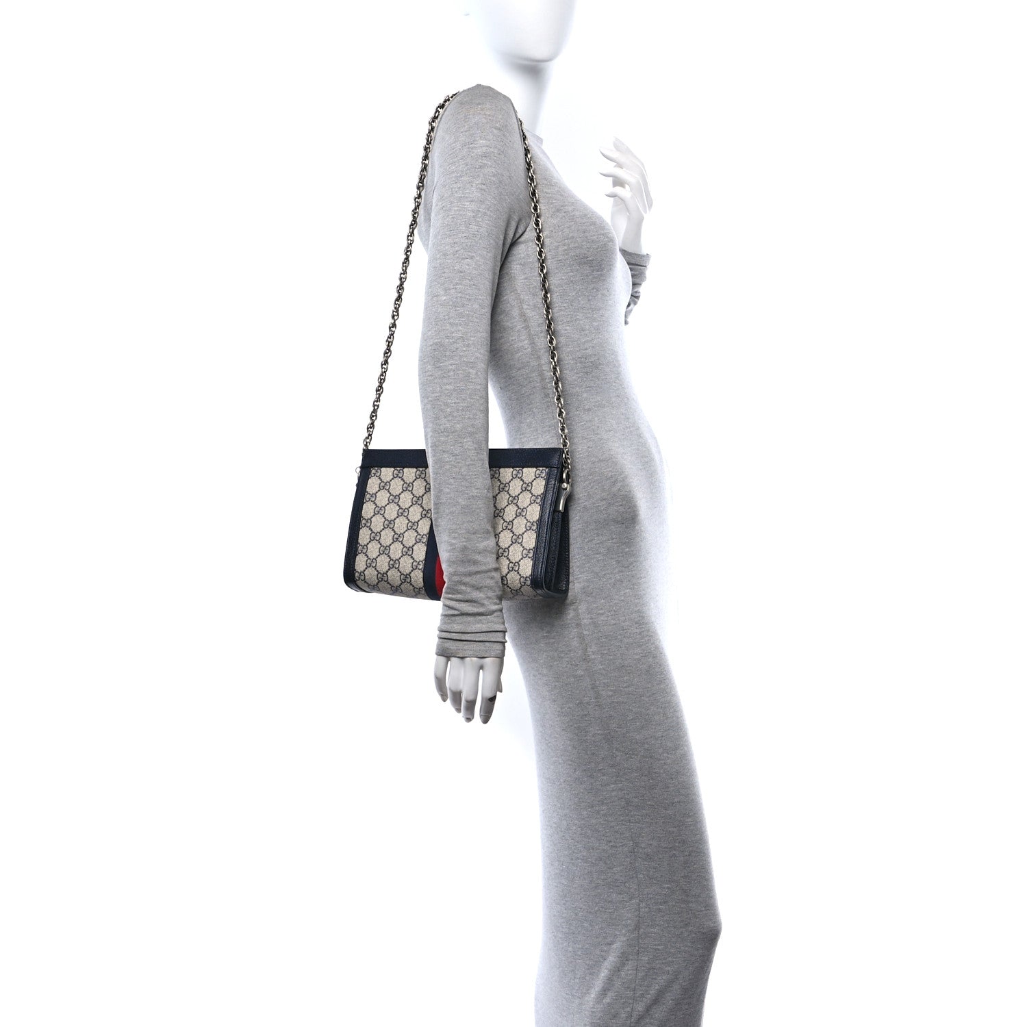 Gucci GG Supreme Monogram Textured Dollar Calfskin Web Small Ophidia Chain Shoulder Bag Beige Blue 2 of 10