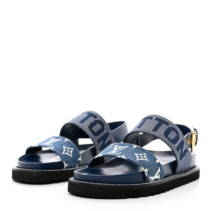 Louis Vuitton Monogram Denim Paseo Flat Comfort Sandals 37.5 Navy Blue 3 of 12