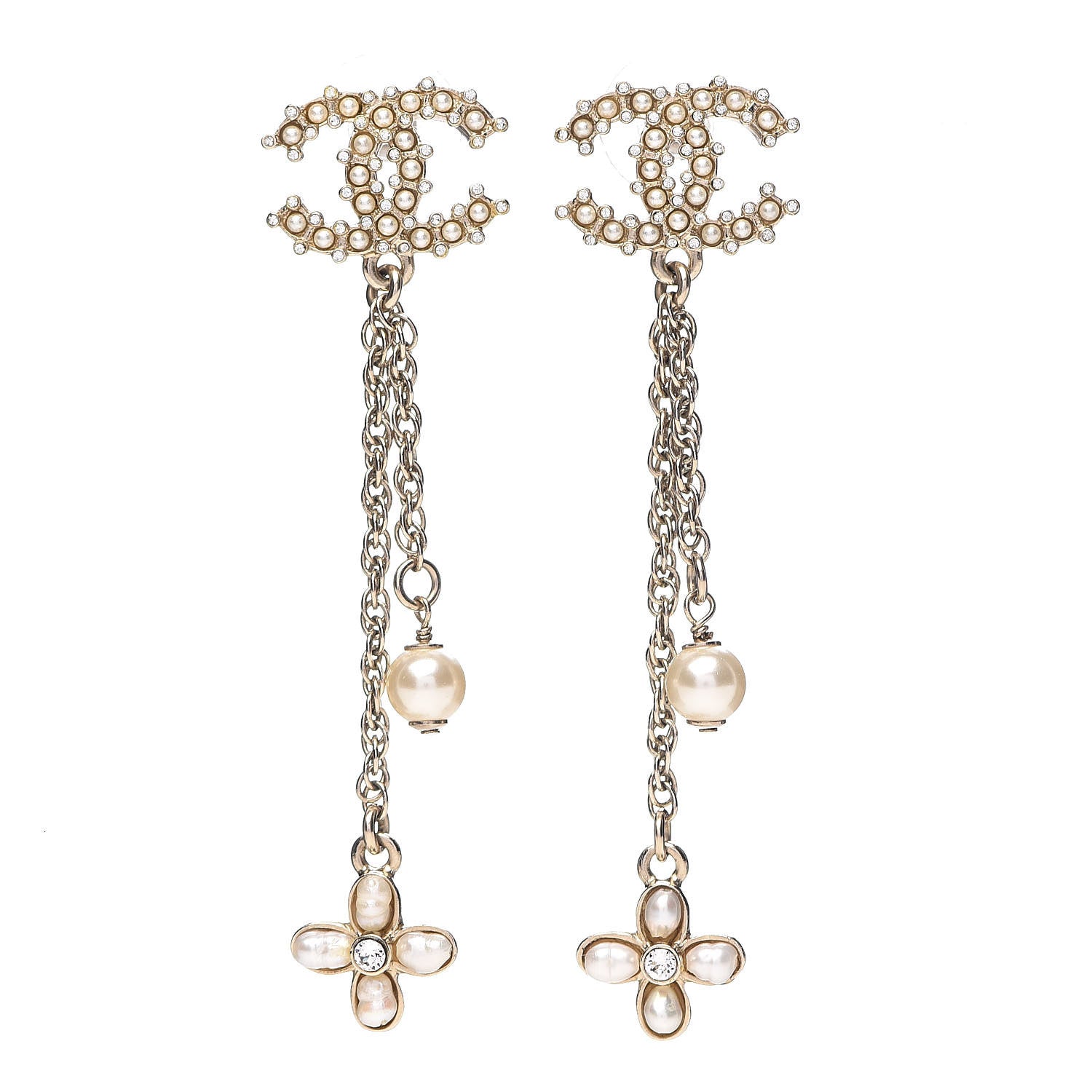 Chanel Pearl Crystal CC Flower Drop Earrings Silver White 1 of 5