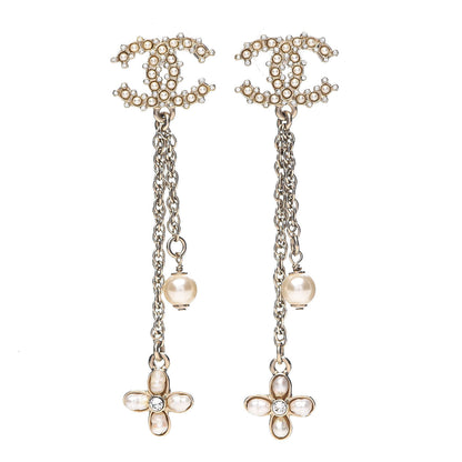 Chanel Pearl Crystal CC Flower Drop Earrings Silver White 1 of 5