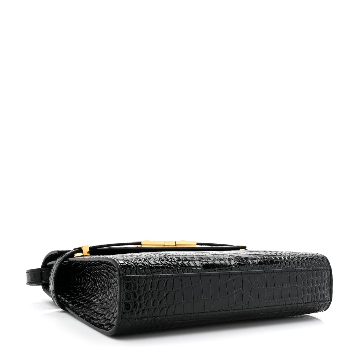 Shiny Calfskin Crocodile Embossed Manhattan Baguette Black