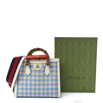 Gucci Raffia Textured Dollar Calfskin Web Houndstooth Small Diana Tote Bag Light Blue Natural Deep Orange 10 of 10