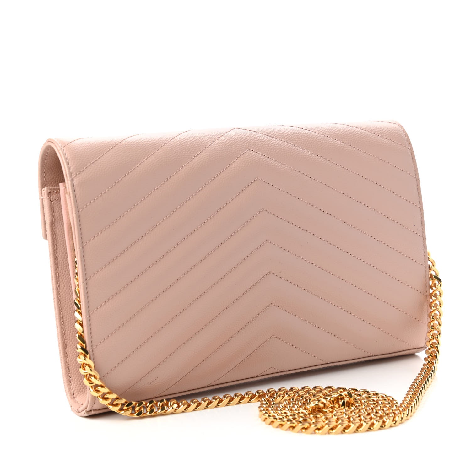 Saint Laurent Grain De Poudre Matelasse Chevron Monogram Chain Wallet Pale Pink 3 of 12